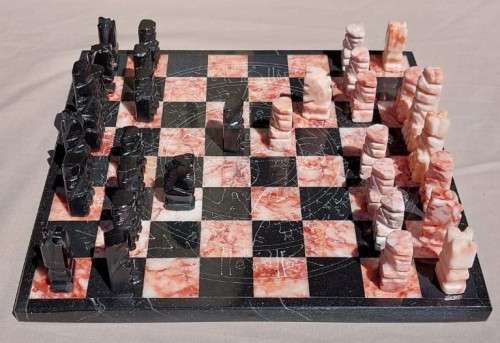 Beautiful Vintage shops Handcarved Aztec Marble Onyx Chess Set